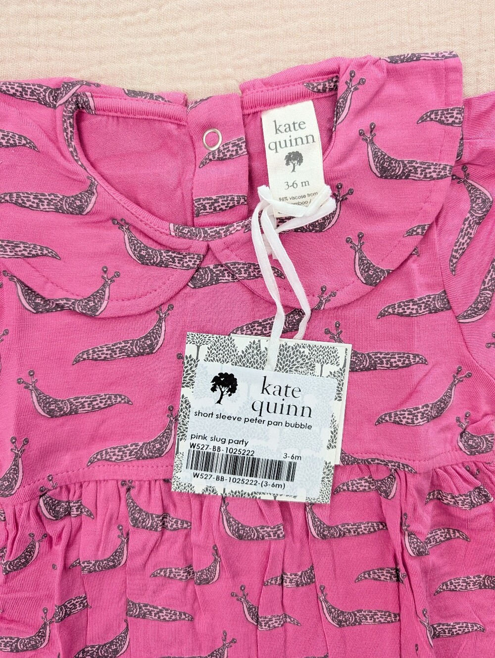 NWT 3-6m Kate Quinn short sleeve peter pan bubble romper pink slug party bamboo - Picture 3 of 5
